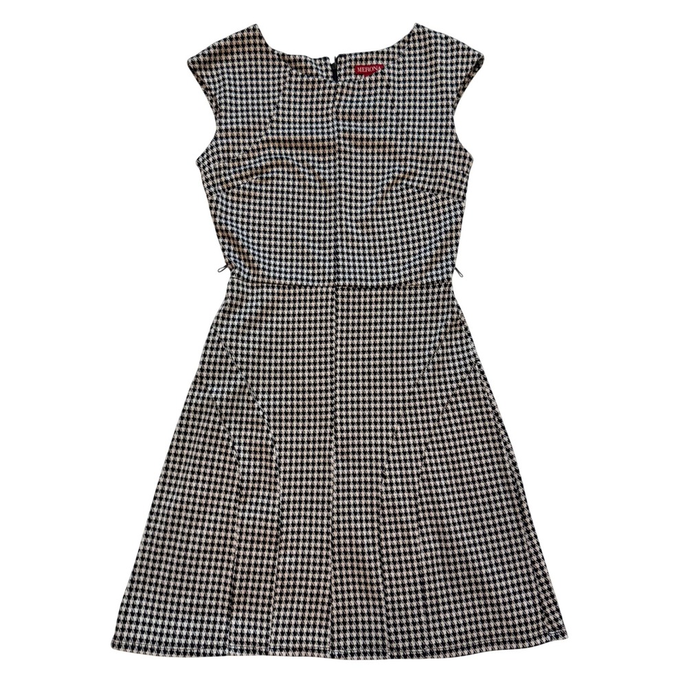 Merona Womens Small Black White Houndstooth Dress Sleeveless Fit Flare Business